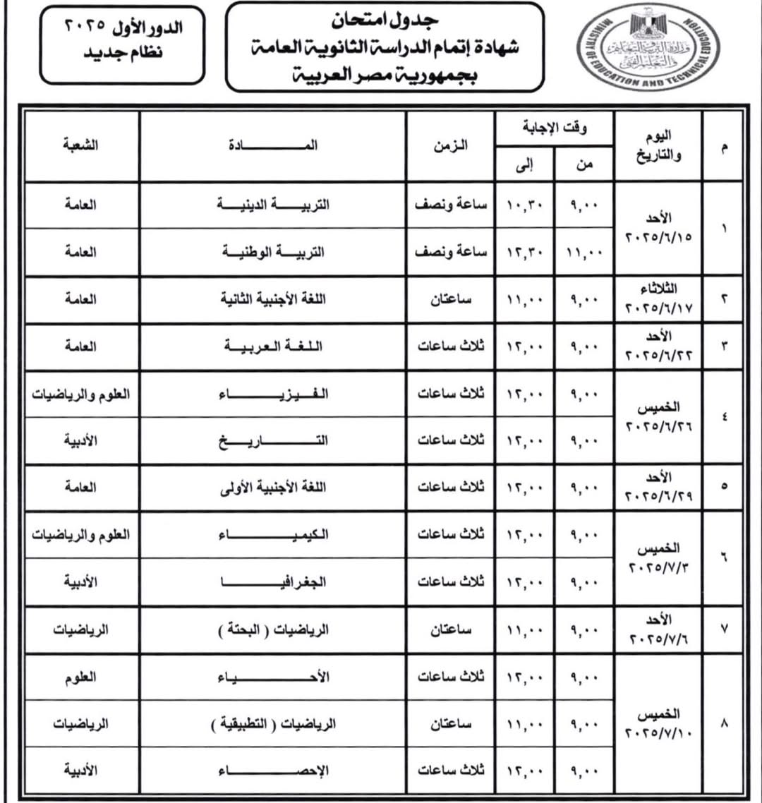 وزارة التعليم تعلن جدول امتحانات الثانوية العامة علمي وادبي 2025 6 جدول امتحانات الشهادة الثانوية العامة